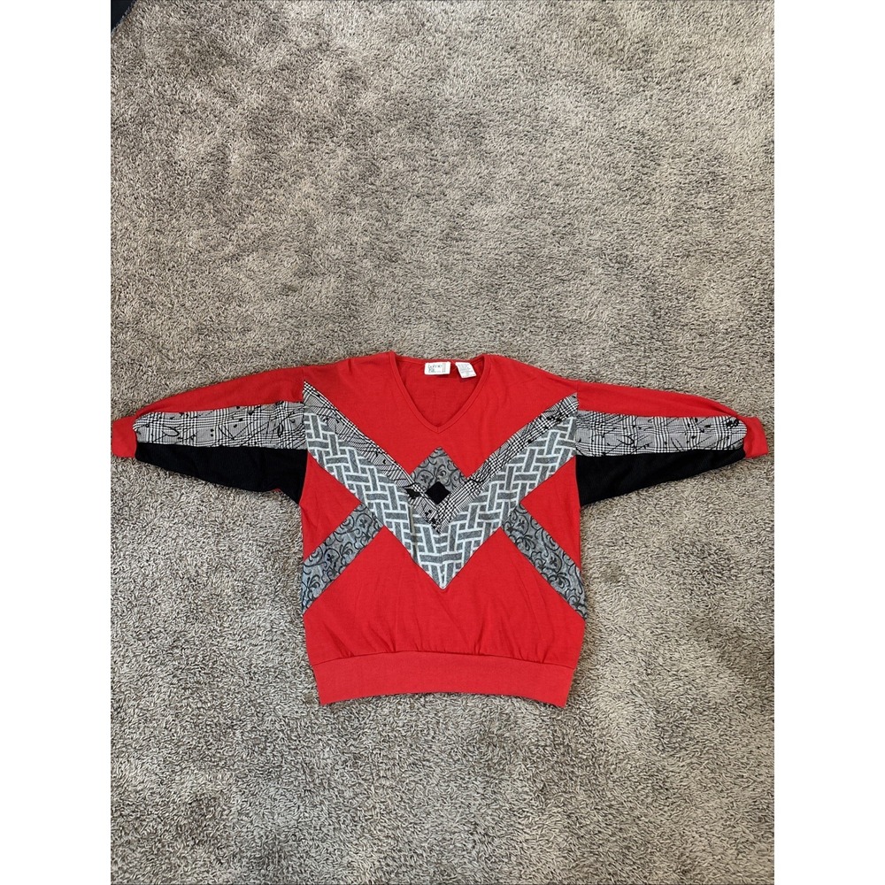 Vintage 80s Bonnie‎ & Bill by Holly Red Black Geometric Top Size S Small